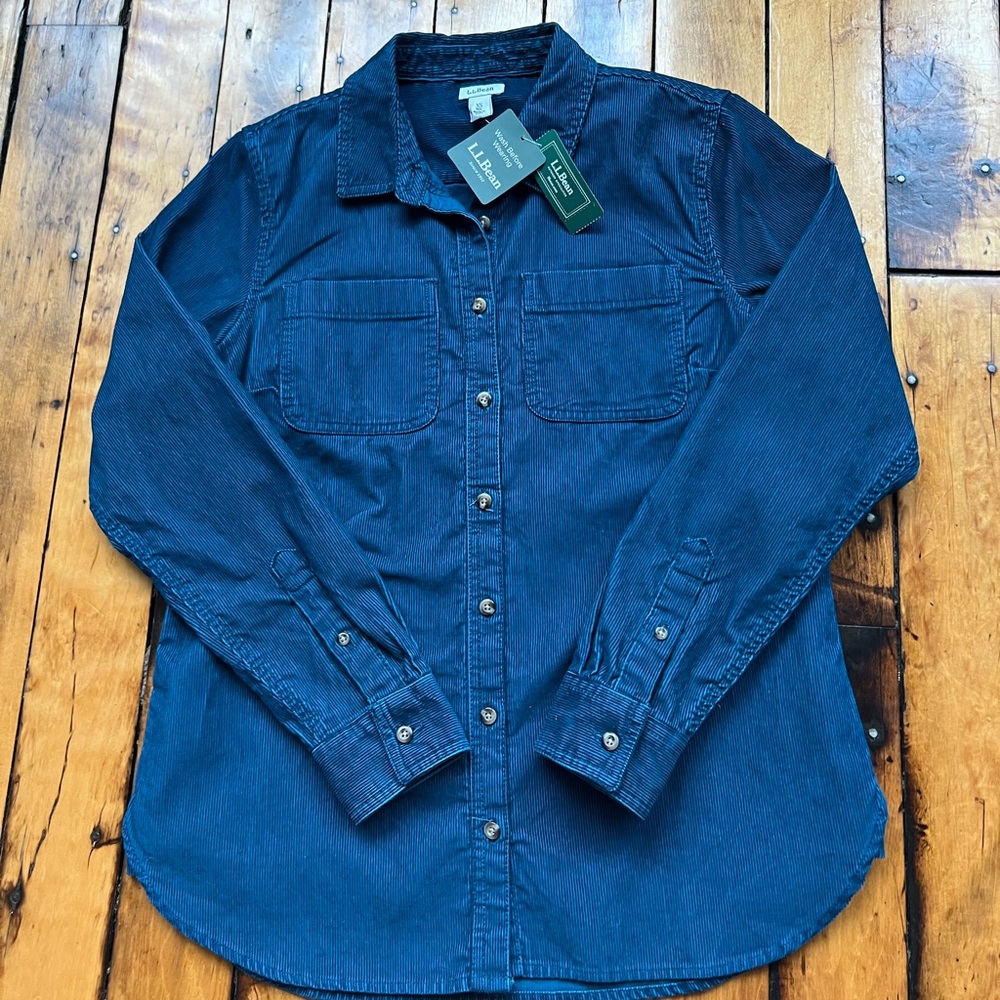 NWT LL Bean Corduroy Shirt Womens XS Blue Button Up Teal Casual Comfort Soft New